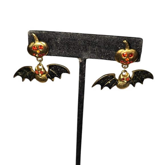 Unbranded Jewelry - Bat & Pumpkin Halloween Dangle Earrings Pierced Enamel & Rhinestone
